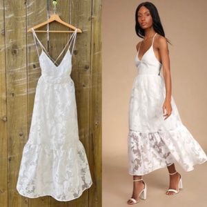White Jacquard Organza Backless Lace-Up Midi/Maxi Dress